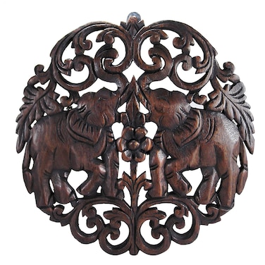 AeraVida Elaborate Circular Double Thai Elephant Hand Carved Teak Wood Wall Art