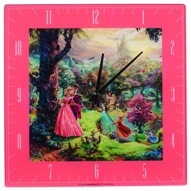 Mark Feldstein &amp; Associates Sleeping Beauty Disney Kinkade Floral Pink 11 inch Glass Square Wall Clock