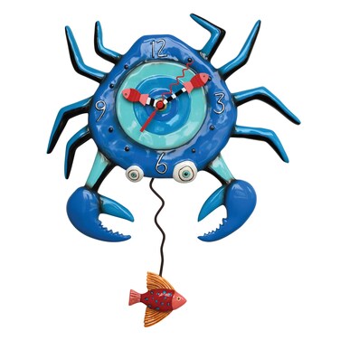 Allen Designs Enesco Crab with Big Claws and Fish Sculpted Pendulum Wall Clock, 14.25 Inch, Blue