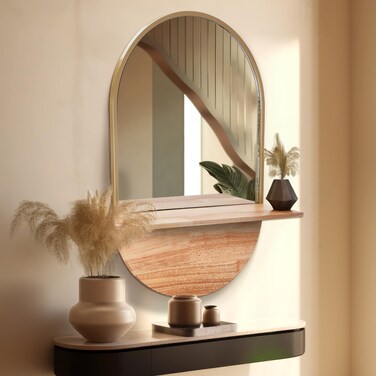 Hamilton Hills Oval Wall Mirror with Shelf - Modern Aesthetic Design Wall Mirror Shelf in Brown with Wood, 23.6" x 15.7" x 5" - Elevate Your Decor with Functional Elegance - American Craftmanship