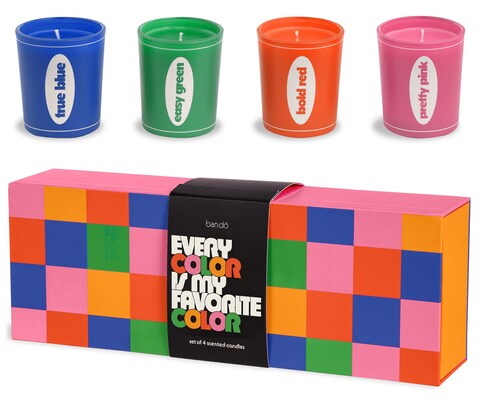 ban.do Set of 4 Scented Votive Candles, Crayon Inspired Small Candles in Decorative Jars, Assorted Colored Glass Candle Holders, 2.5oz Soy Wax Candles with Single Wick, Color Me Happy