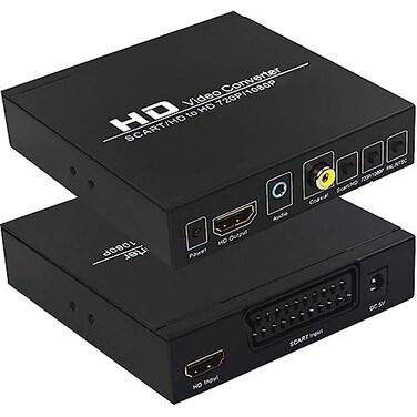 SCART to HDTV, Scart Converter Video Audio Box, HD Video Converter Scart to HDTV Adapter with PAL/NTSC Video Scaler, 1080P/720P Support HDTV, 3.5mm Coaxial Audio Out for TV and DVD Player