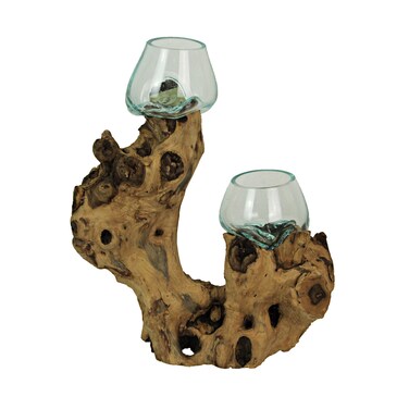 Molten Glass On Root Wood Double Decorative Bowl Vase Plant Terrarium - Boho Style for Tabletops