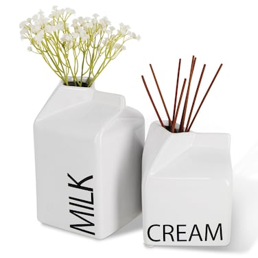Creekview Home Emporium Glass Milk Carton Vase Set of 2 - White Ceramic Creamer Container Decor for Cute Flowers - Farmhouse Kitchen Ceramic Pitcher Milk Carton Bottle Decoration for Fresh Bouquets