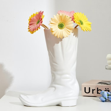 Denique White Boots Flower Vases, Creative Cowboy Boot Vase, Ceramic Flower Arrangements, Unique Boot Vases Boot Planter Modern Aesthetic Room Wedding Decor