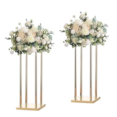 simprefine Pack of 2 24 Inch Tall Wedding Flower Vase Metal Flower Stand Gold Display Column Elegant Table Centerpiece for Flower Arrangements