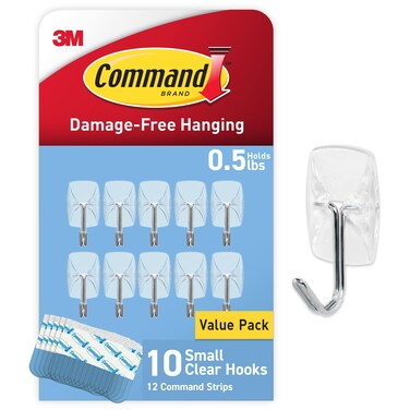 Command Small Clear Wire Toggle Hooks, 10 Hooks and 12 Command Strips, Damage Free Hanging Wall Hooks with Adhesive Strips, Adhesive Hooks for Hanging, Organization and Storage, Holds up to 0.5 lb