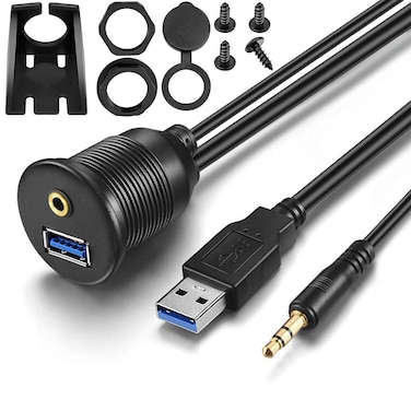 URWOOW USB Flush Mount - 1M 3ft 3.5mm &amp; USB 3.0 AUX Extension, Dash &amp; Panel Mount Cable for Car, Boat, Motorcycle