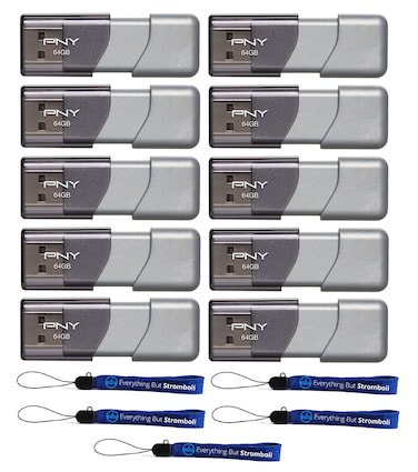 PNY 64GB USB 3.0 Flash Drive Elite Turbo Attache 3 (Ten Pack) Bundle with (5) Everything But Stromboli Lanyard (Model P-FD64GTBOP-GE)