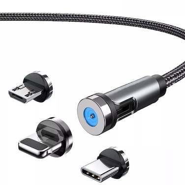 6FT Magnetic USB Fast Charge Cable with 3 Tips: Micro USB, USB-C, iProduct Adapter. 540&Acirc;&deg; Rotating Charger with LED Light, 90&Acirc;&deg; Angle Connector, Nylon-Braided for Durability. (Black)