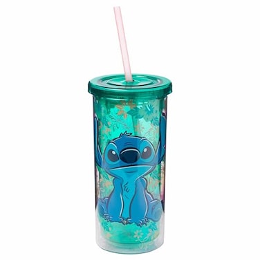 Silver Buffalo Disney Lilo and Stitch Tropical Pattern Plastic Tall Cold Cup with Lid and Straw, 20 Ounces