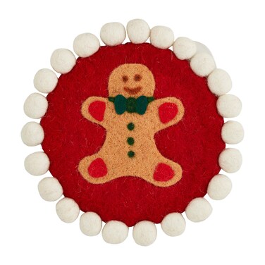 Mud Pie Gingerbread Felt Wool Trivet, 8" dia, RED