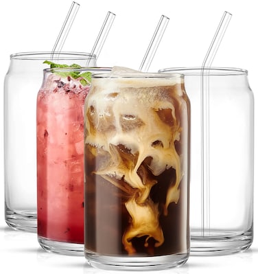 Drinking Glasses Set of 4 - Can Shaped Glass Sake Cups with Straws, 16oz Iced Coffee Glasses, Iced Tea Glasses, Tumbler Cup, Cocktail Glasses, Whiskey Soda Clear Water Cup, Beer Glasses.