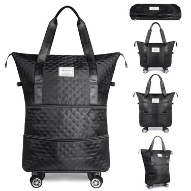 Rolling Duffle Bag with Wheels and Handle, Expandable Travel Duffel Bag, Foldable Travel Bag with Wheels Luggage Bag, Rolling Carry on Duffle Bag, Large Wheeled Duffle Bag Luggage, Black