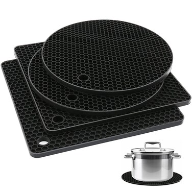4 Pack Black Silicone Trivet - Non-Slip Kitchen Mats - Multipurpose Pot Holders, Dish Mats, and Jar Opener Assistants - Made of Food Grade Silicone, No BPA