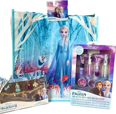 Disney Classic Frozen Beauty Bundle and Tote Bag- Includes Medium Eco-Friendly Reusable Tote Bag with Frozen II Charm Bracelet and 6 Piece Lip Gloss Set