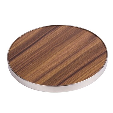 Creative Home 7 Inch Round Fiber Board Trivet Serving Board with Acacia Wood Finish and Stainless Steel Trim, 7" Diam. x 0.5" H, Brown