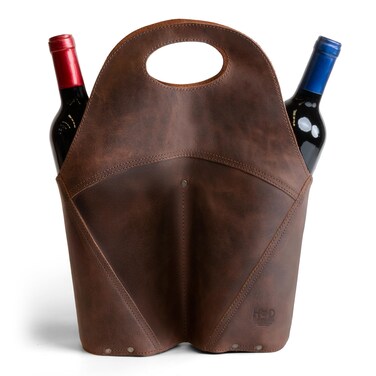 Hide &amp; Drink, Double Wine Bottle Carrier, Holder Case for Bordeaux Bottle, Tote Bag, Travel Purse, Picnic, Full Grain Leather, Handmade, Bourbon Brown