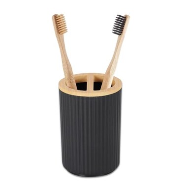CCOJDAY Toothbrush Holder for Bathrooms, Bamboo Tooth Brushing and Toothpaste Storage Organizer for Sink, Countertop (Black)