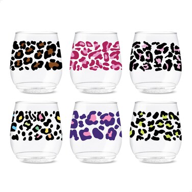 TOSSWARE POP 14oz Vino Leopard Series, SET OF 6, Premium Quality, Recyclable, Unbreakable &amp; Crystal Clear Plastic Printed Glasses