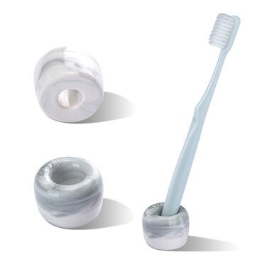 2Pcs Mini Ceramic Toothbrush Holders, Handmade Minimal Marble Grey Toothbrush Stand for Bathroom Countertops