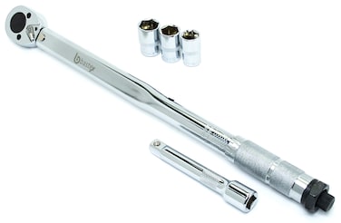 1/2" inch Drive Torque Wrench Locking Click 18" Length with 1/2" Extension Bar 125 mm Length &amp; Three 1/2 in Drive Sockets 21 mm 19 mm 17 mm contained in Hard Shell Plastic Storage Unit Case by Bastex