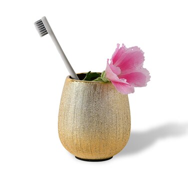 ABBI NIMO Brushed Gold Ceramic Toothbrush Holder, 3D Textured Golden Tumbler, Shiny Festive Bathroom Decor for Countertop Enhancement