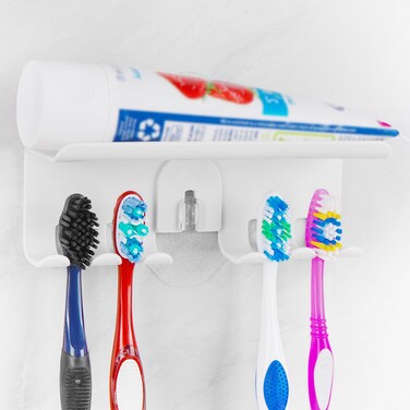 Linkidea 4 Slots Wallmount Toothbrush Holder for Bathroom, Plastic Self Adhesive Wall Mounted Tooth Brush Hanger Compatible with Colgate Extra Clean, Renewal, Oral-B CrossAction (White)