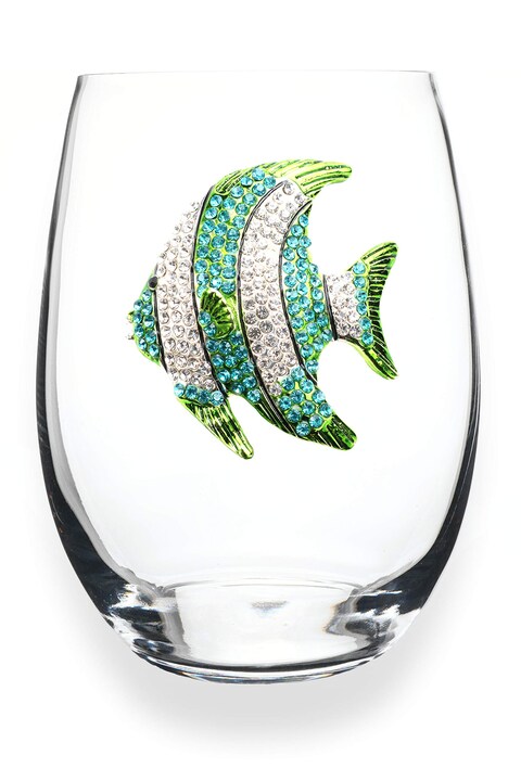 THE QUEENS&#39; JEWELS Turquoise Tropical Fish Jeweled Stemless Wine Glass - 21 oz. - Unique Gift - Decorated with Brilliant Rhinestones - Not Painted - Made By Artisans In USA