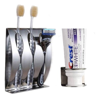 Originalidad Stainless Steel Wall Mount Bathroom Toothbrush Holder, Bathroom Cabinet Organizer Accessories, 1 Toothbrush with 3M Self-Adhesive + 1 Toothpaste Holder Dispenser, Razor Holder