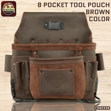 Graintex OS2336 8 Pocket Nail &amp; Tool Pouch Top Grain Oil Tanned Leather for Framers, Constructors, Electricians, Plumbers, Handyman