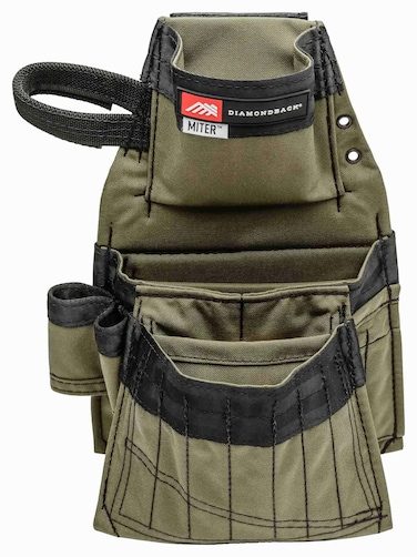The Diamondback Miter Tool Pouch - Clip-On Tool Belt Pouch with 3 Pockets, 7 Slots, &amp; 3 Loops- Lightweight Belt Tool Pouch- Durable Tool Pouch with Belt Clip 15.25"x10.25", 1 lb (Ranger Green)