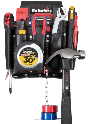 Hultafors Work Gear HT5421 Electrician's Premium Leather Tool Pouch, Molded Front Pockets, Tape Chain, Metal Tool Clip, Leather Hammer Loop