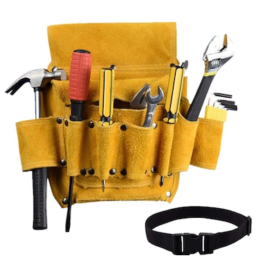 Topways Leather Tool Belt Pouch/Work Apron for Carpenters and Builders, Suede Tool Bag &amp; Adjustable Poly Web Belt for Tools, Flashlight, Keys etc.