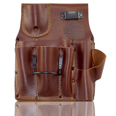 Graintex AS2588 Drywall Pouch Left Handed Ambassador Series Chestnut Brown Color Top Grain Leather, Steel Hammer Holder &amp; Measuring Tape Clip, Belt Loop Fits 3" Belt, Framers, Drywall Contractor