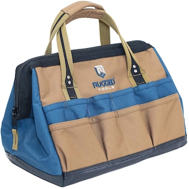 Rugged Tools Field 14" Wide-Mouth Tool Bag - Soft Sided Canvas Tool Bag For Plumbers, Electricians, Carpenters, and Handymen