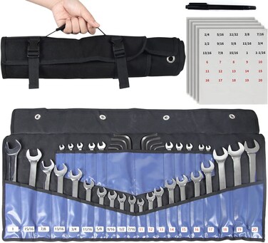 BoomBa 30 Pocket Wrench Roll Up Pouch - Portable Canvas Cloth Wrench Tool Organizer Bag Holder with SAE &amp; Metric Labels