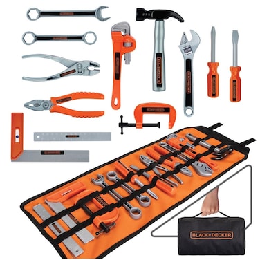 BLACK+DECKER Kids Tool Bag Set 13-Piece Junior Roll Up Bag Pretend Play Tools, Hammer, Phillips Screwdriver, Pliers, Adjustable Wrench &amp; More! for Boys &amp; Girls Ages 3+