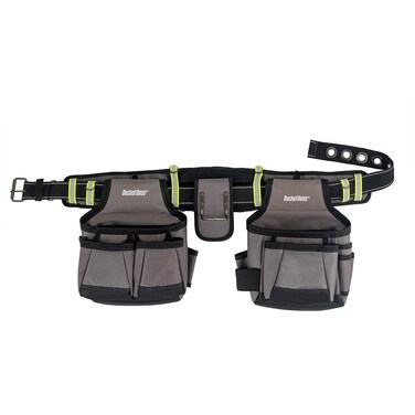 Bucket Boss 2 Tool Bag Tool Belt, Made from Durable Fabric, with High-Visibility Retro-Reflective Safety Strips, Barrel-Bottom Super Capacity Pouches &amp; Speed Square Pocket,Grey,55105-HV,Size 52
