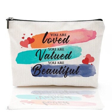 heshengzaixian Inspirational Quotes Makeup Bag, Gift for Women,You are Loved You are Valued You are Beautiful Cosmetic Toiletry Bag Waterproof Linen Travel Accessories Box Case for Girl