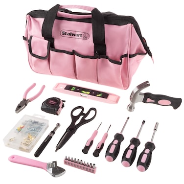Stalwart - 75-HT4095 Tool Kit - 123 Pink Heat-Treatedpiece with Carrying Bag - Essential Steel Hand Tool &amp; Repair Set For Apartments, Dorm, Homeowners