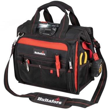 Hultafors Work Gear HTL573 Lighted Technician's Tool Bag, 55 Pockets, Heavy Duty Ballistic Polyester Tool Carrier, Adjustable Swivel Light, Large Center Compartment