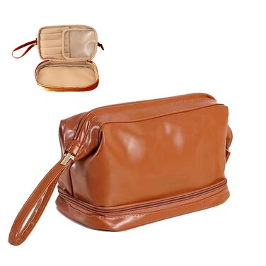 Ouhui makeup bag for women, travel cosmetic bag, double layer toiletry bag, portable leather organizer bag for girl, makeup brush bag with compartments, travel essentials brown