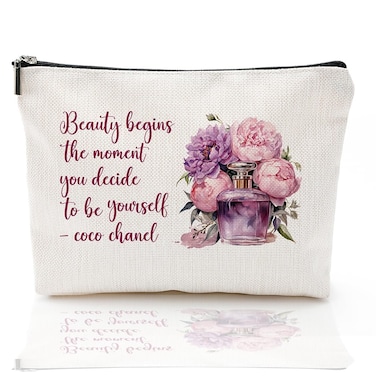 Coco Chanel Quotes Makeup Bag for Gilrs,Fashion Perfume Flower Beauty Begins The Moment You Decide To Be Yourself- Cosmetic Bag Waterproof Linen Toiletry Beauty Bag Travel Accessories Pouch