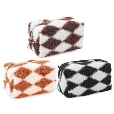 VDOOREE 3pcs Checkered Plush Makeup Bag Terry Cloth Cosmetic Bag Zipper Travel Toiletry Bag Organizer Soft Pencil Pouch Case Makeup Brushes Storage Bag for Women GirlsPS
