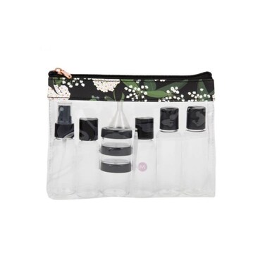 MIAMICA Women's TSA Compliant Travel Bottles and Toiletry Bag Kit, 12 Piece, Black Floral