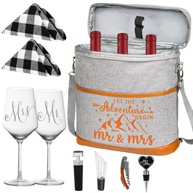 Engagement Gifts for Couples, Wedding Gifts Mr. and Mrs. Gifts Bridal Shower Gifts for Bride Groom, Anniversary Valentines Day Gift, Insulated Wine Cooler Tote Bag with Glasses Accessories