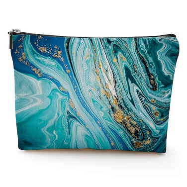 kasader Makeup Bag for Women,Large Makeup Travel Bag,Cosmetic Bag,Makeup Bag Organizer,Toiletry Bag Portable Cosmetic Pouch- Blue Gilt Marble 7X10 in