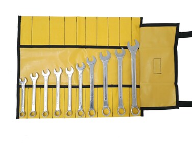 BULL TOOLS 20 Pocket Wrench Organizer &amp; Tool Roll Up Pouch 100% Water Proof Polyester 18oz Both Side Waxed Coated Duck Canvas, Metric &amp; SAE - Yellow - (Tools are not included)