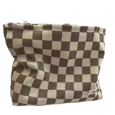 Checkered Makeup Bag, Corduroy Chessboard Cosmetic Bag for Purse, Small Cosmetic Pounch Cute Travel Checkered Cosmetic Bag for Women